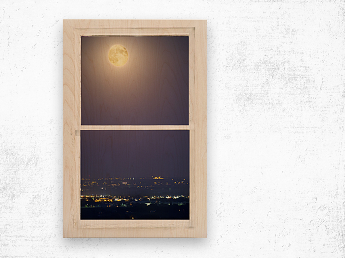 Super Moon City Lights White Rustic Window Impression sur bois