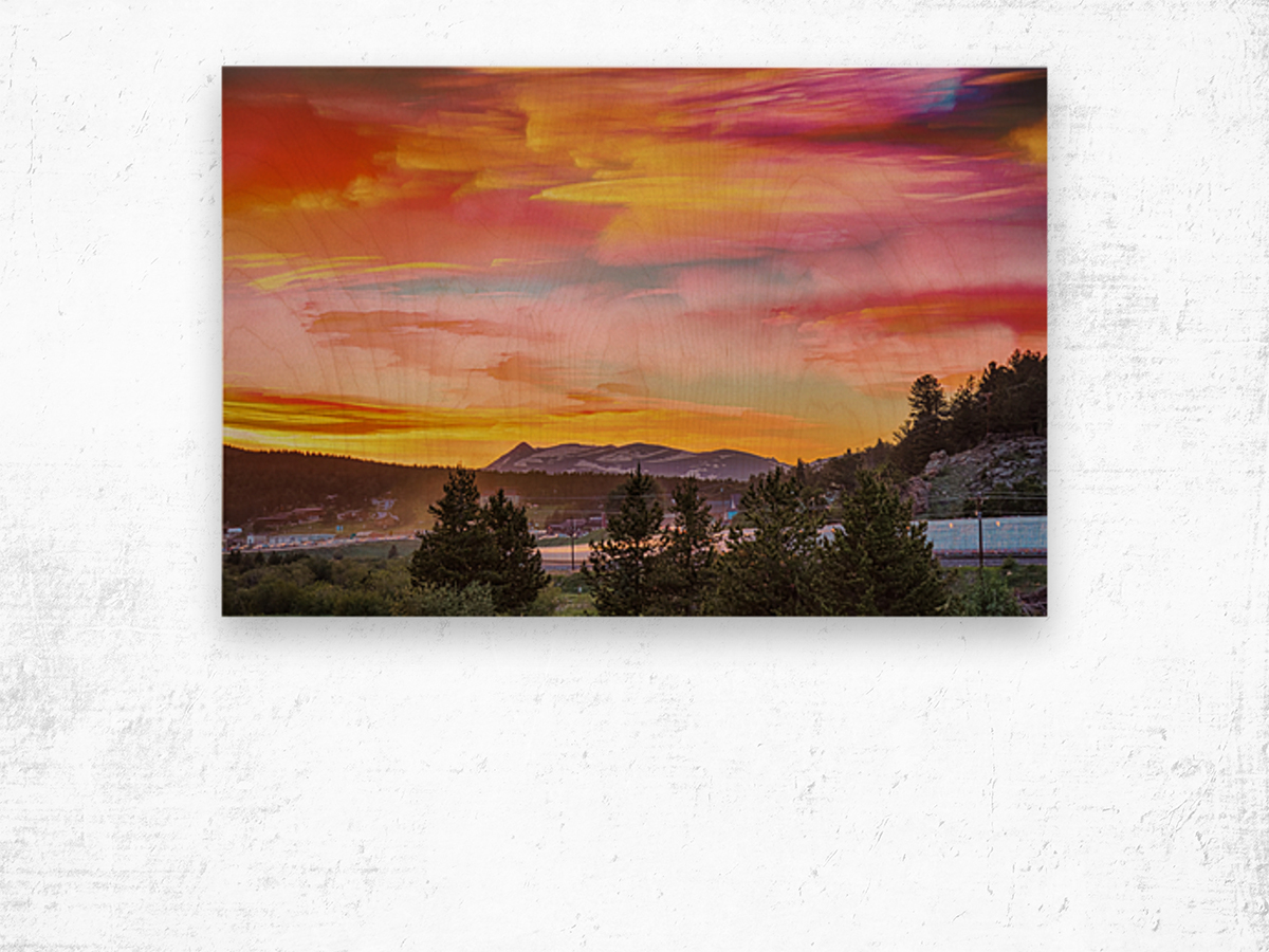 Small Mountain Town Sunset Wood print
