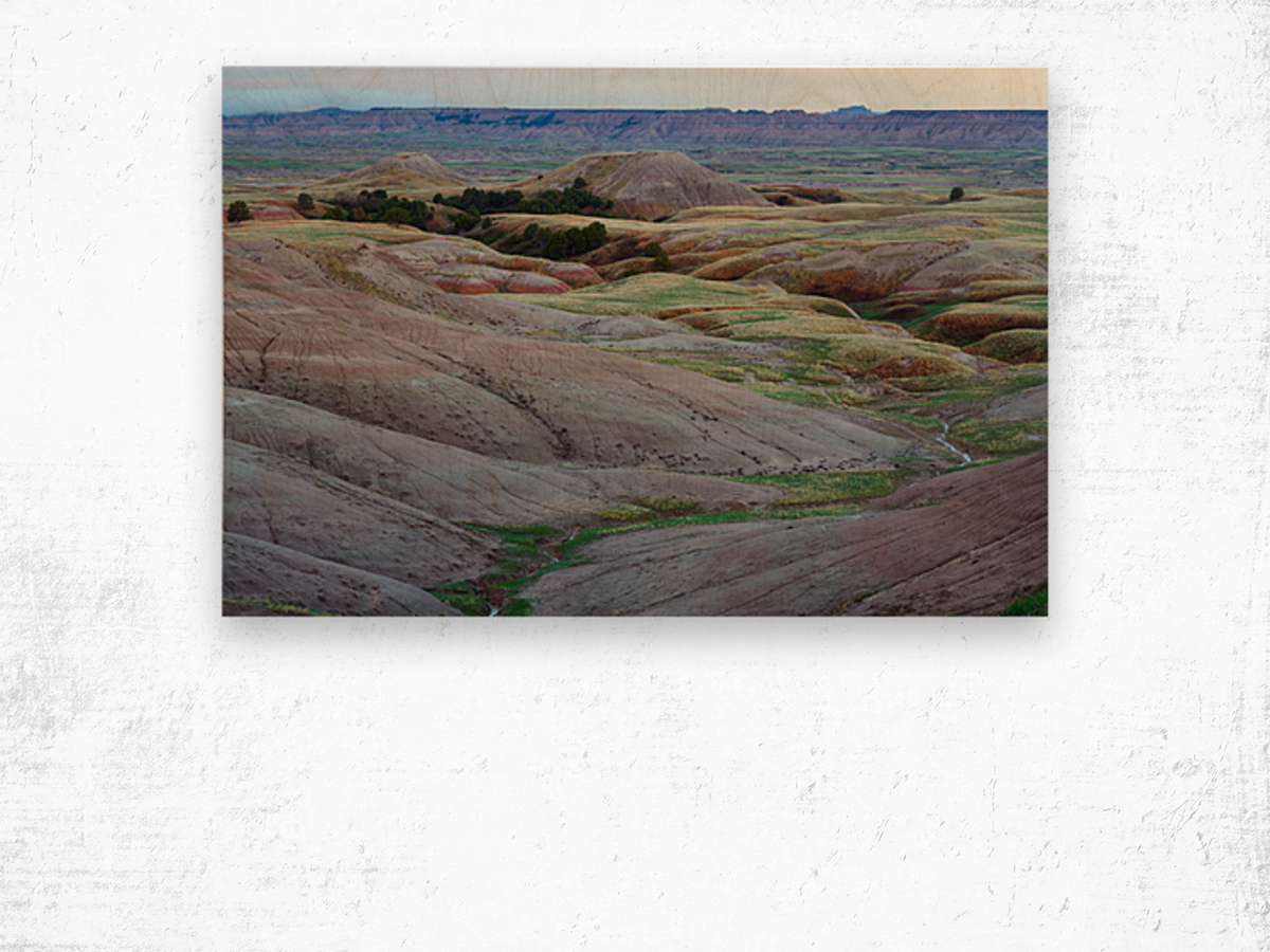 South Dakota Badlands and Colorful Morning Grasslands Wood print